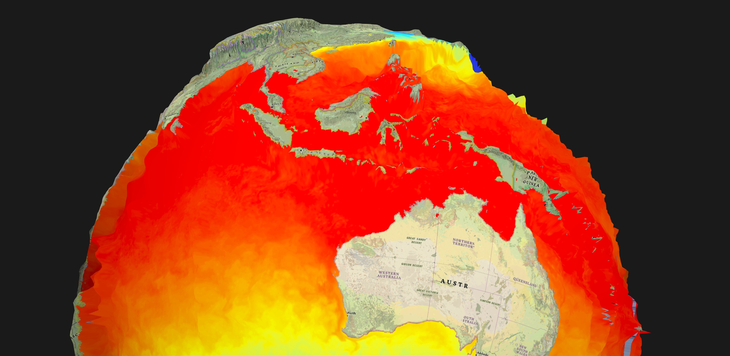 Screenshot created from app of elevation exaggeration with sea surface temperature layer
